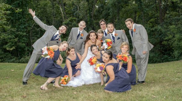 Bride, Groom and wedding party being silly